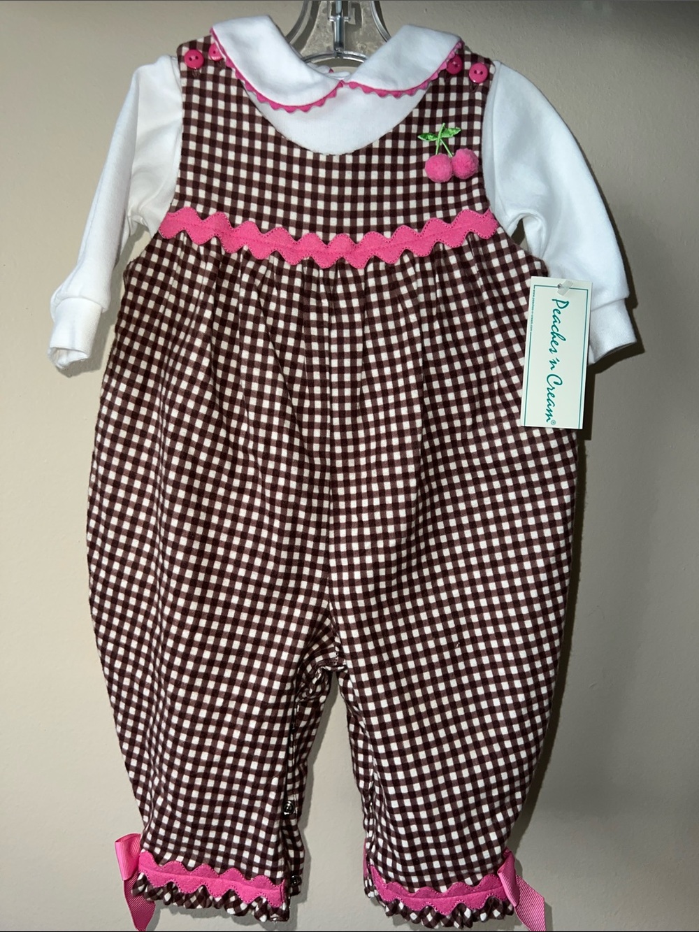Vintage Peaches n Cream 2 Piece Cherry Romper with White snap Shirt 3-6M